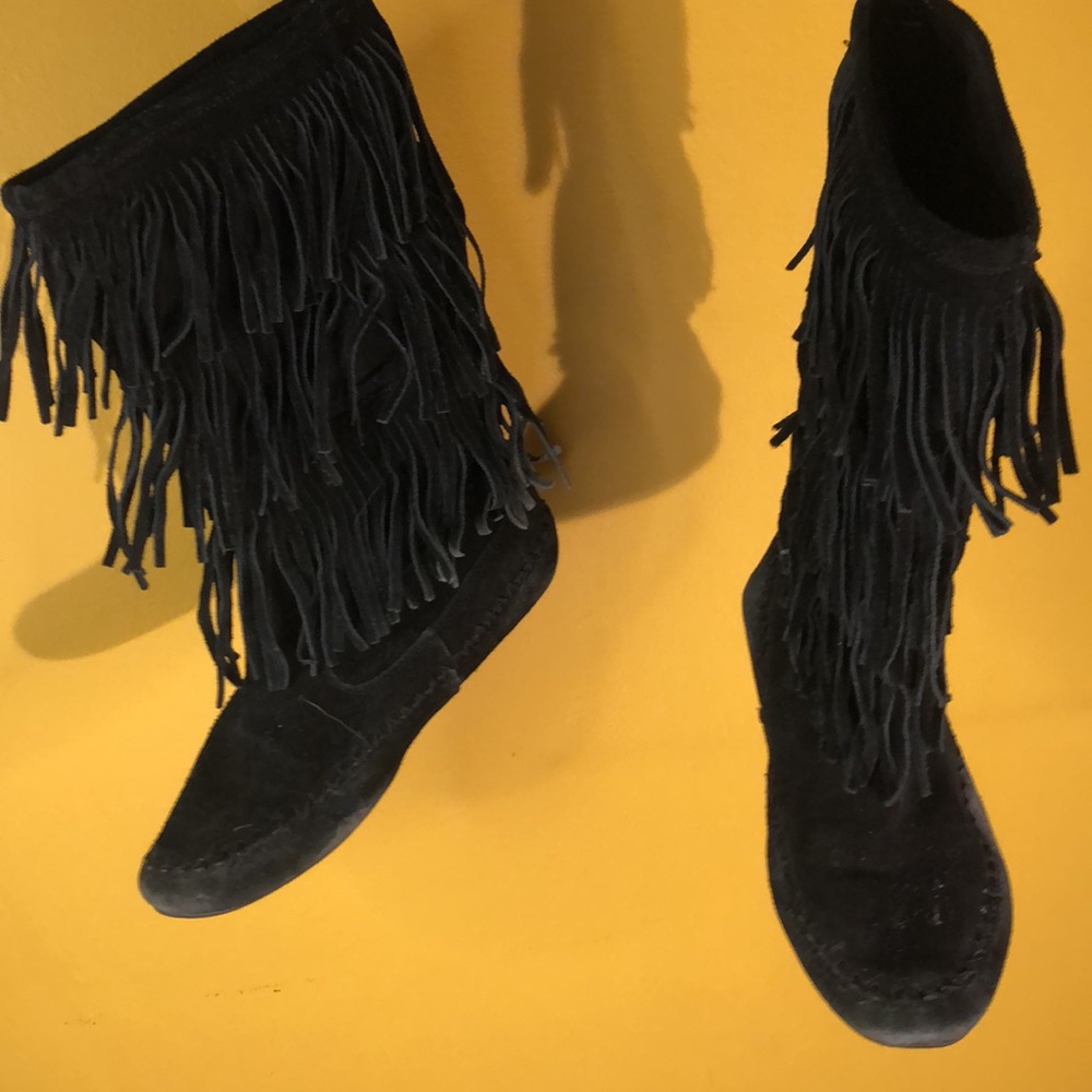Black leather  calf high moccasin boot